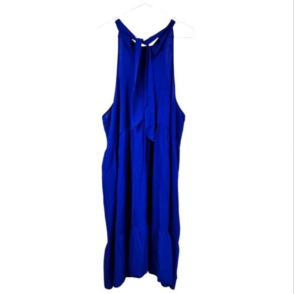 Solid Royal Blue Ruffle Hem Halter Dress Boho Bow Back Tiered Flounce Sleeveless - Picture 13 of 13